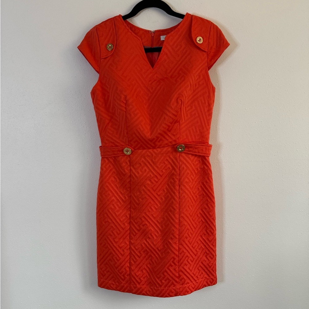 Liz Claiborne Orange Red Textured Sheath Dress Gold Button Size 6